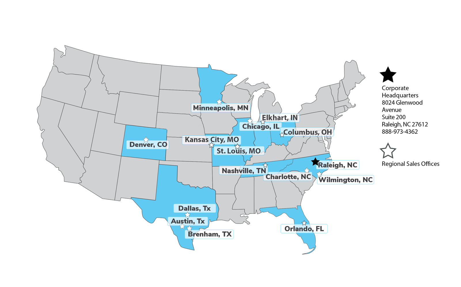 Map of Regency's corporate headquarters in Raleigh, NC and regional sales offices across the U.S.